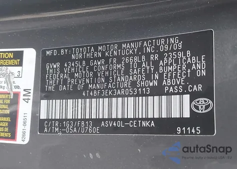 2010 Toyota Camry Se/Le/Xle z USA, uszkodzony, nr VIN 4T4BF3EK3AR053113